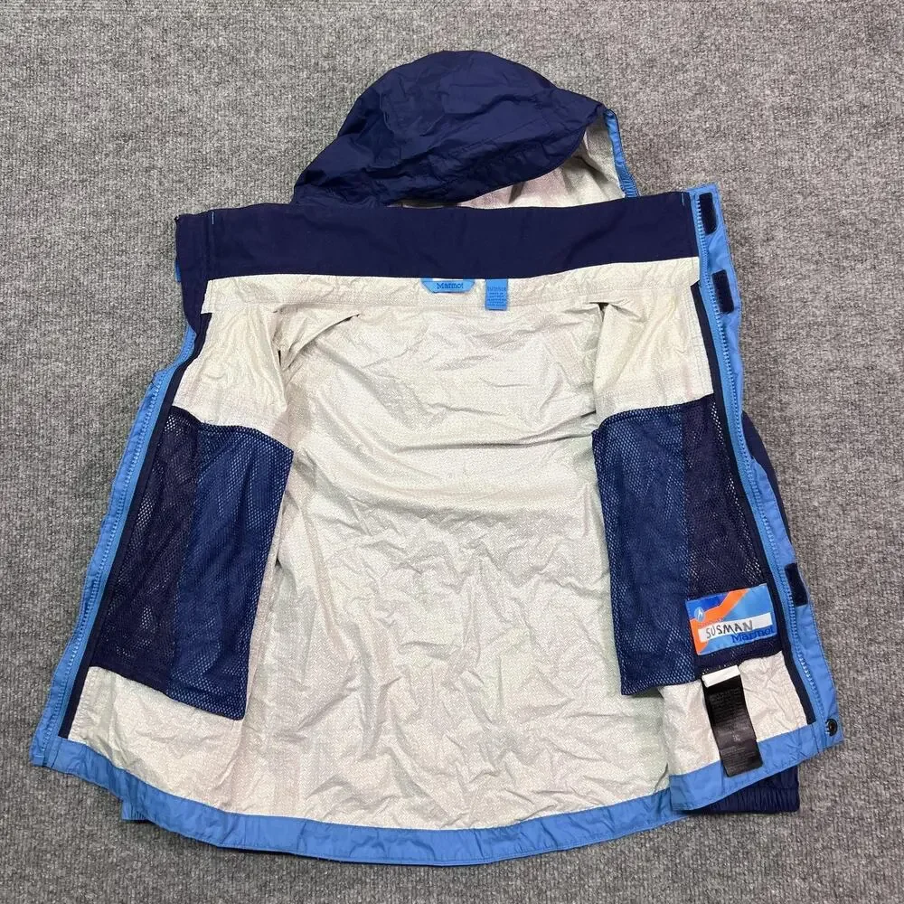 Marmot Jacket Kids XS Blue Colorblock Hooded Rain Coat Nylon Shell Lightweight